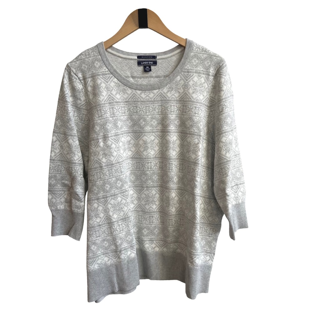 Lands End Womens 2X Fair Isle Snowflake Pattern 3/4 Sleeve Sweater Light Gray